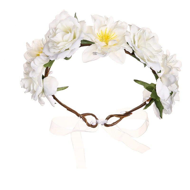 White floral crown featuring artificial fabric colorful blossoms and green leaves with a delicate white ribbon bow, perfect as a fabric colorful rose flower garland hair accessory.