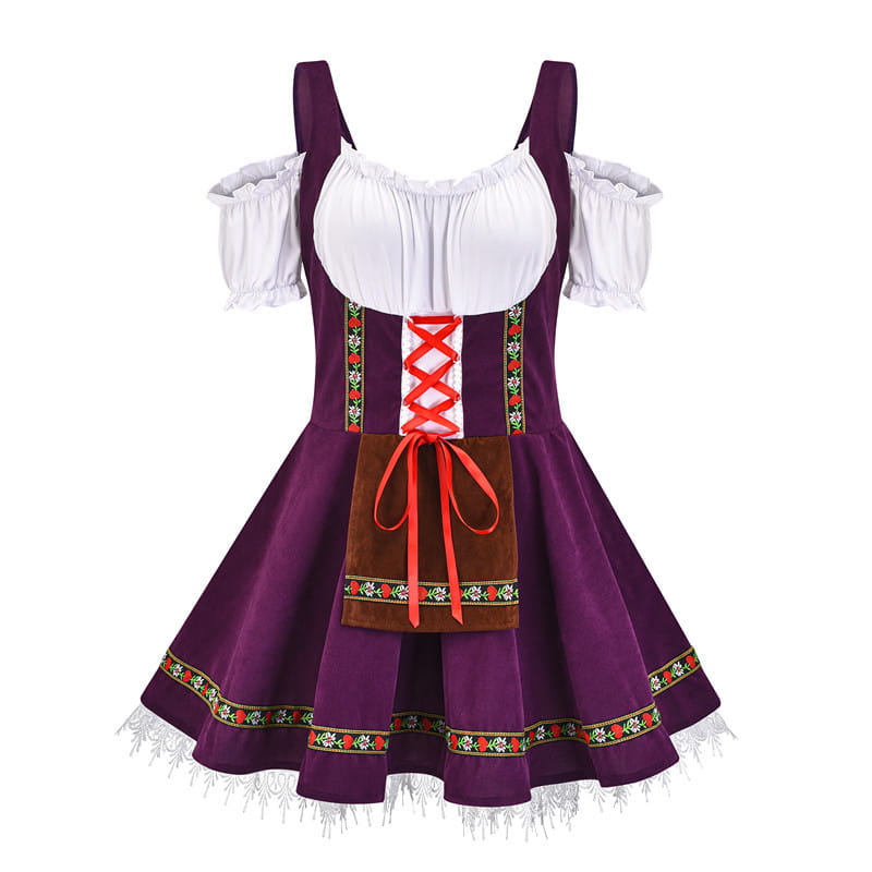 plus size bavarian halloween beer girl dress featuring a purple velvet beer girl dress with white off the shoulder sleeves red lace up front and matching ribbon tie at the waist