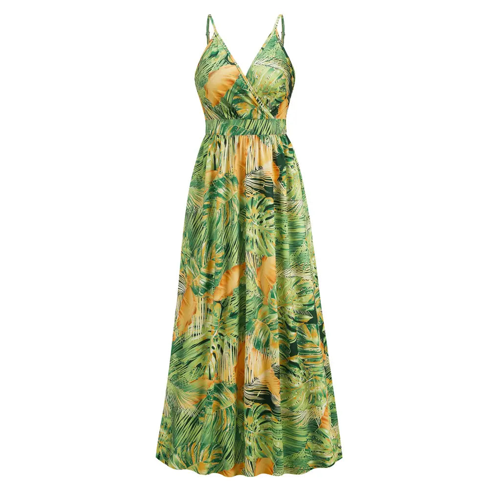 a flowing tropical leaf long dress summer swing with vibrant green and yellow patterns, thin spaghetti straps, and a flattering v-neckline ideal for dress summer swing occasions