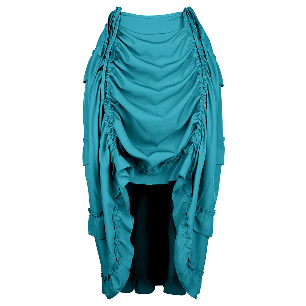 a teal ruched asymmetrical court irregular skirt with layered fabric and side flaps made from black satin featuring an irregular skirt character uniform design