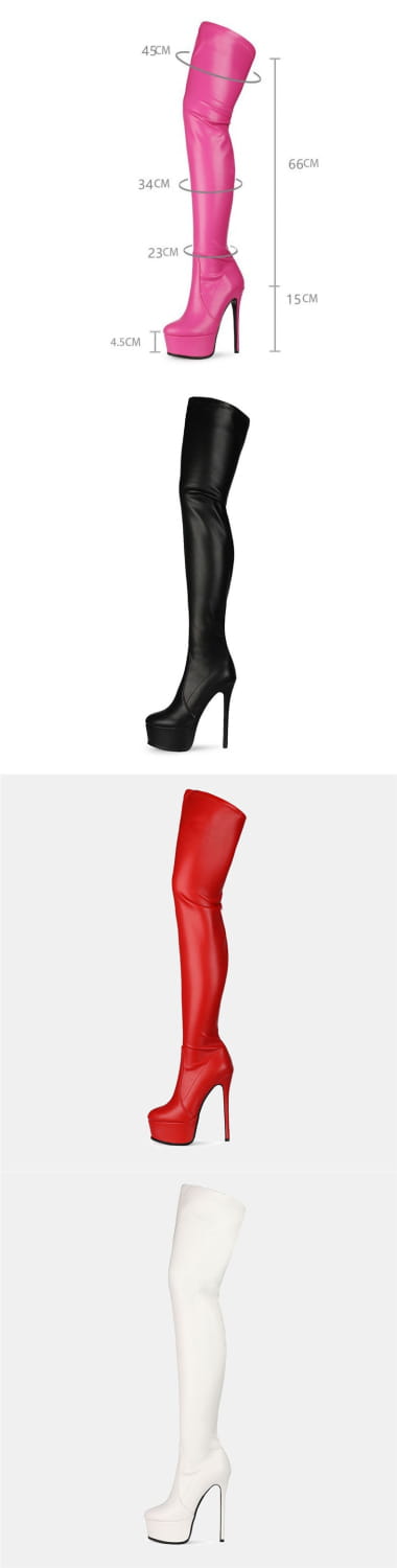 Pink, black, red and white patent platform high heel boots with over-the-knee length and knee high heel design.