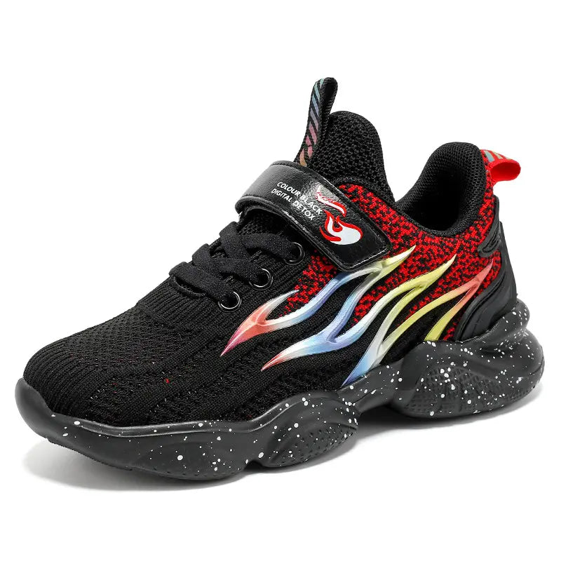 black and red mesh boys sneakers fashion featuring a vibrant iridescent flame design and speckled black rubber sole for sneakers fashion mesh enthusiasts