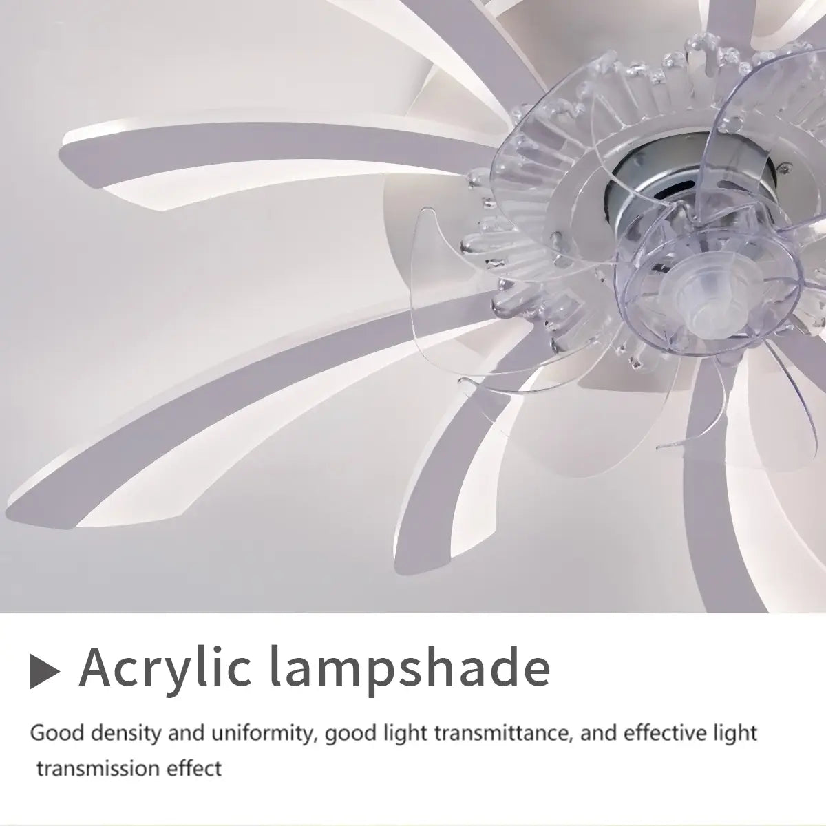modern flower crystal large white framed ceiling fan light featuring a clear acrylic lampshade with a modern petal-like design in white framed style
