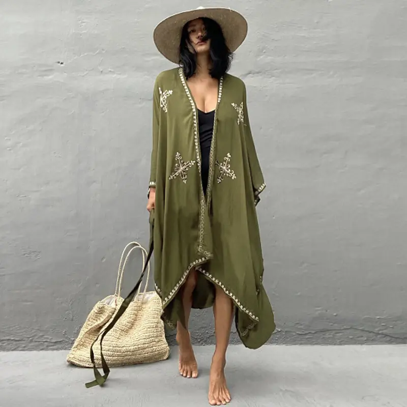 olive green rayon embroidered holiday kimono with gold thread detailing and flowing asymmetrical hem designed for holiday sun protection