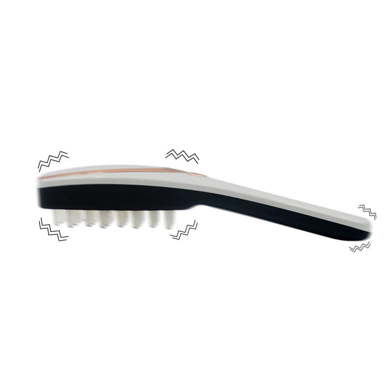 black and white dual-sided scrub brush with soft bristles for gentle cleaning shown from the back side designed for iridescent hair care head use