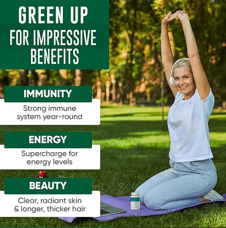 white and teal certified gmp fda chlorophyll capsules bottle with white cap sitting on purple yoga mat for health and wellness.