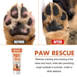 The natural pet foot care cream is an orange and white tube of foot care cream designed to relieve cracking whitening and roughness on pet paws.
