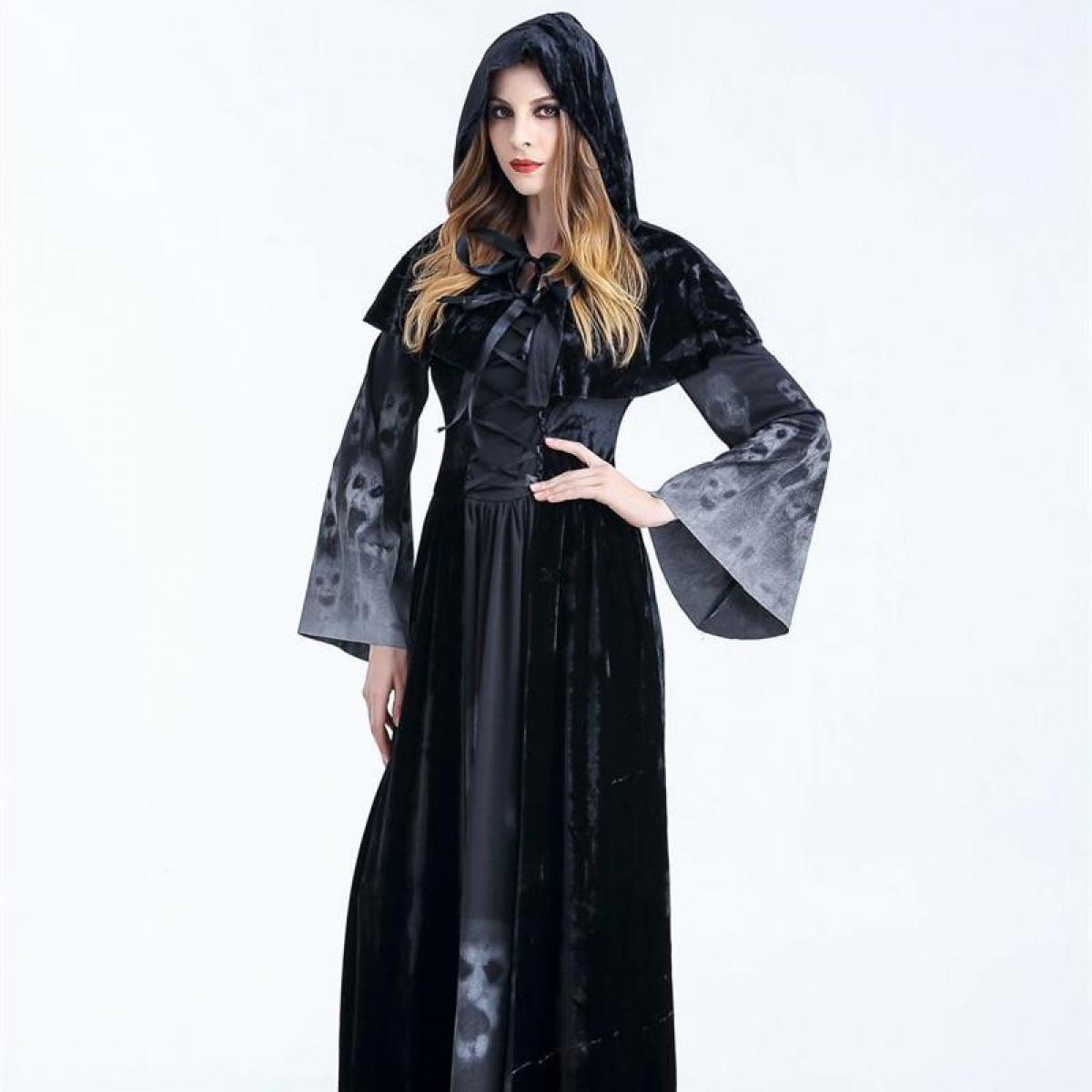 black velvet women medieval gothic witch hooded dress with long bell sleeves featuring gray skull patterns and a corset-style front for halloween