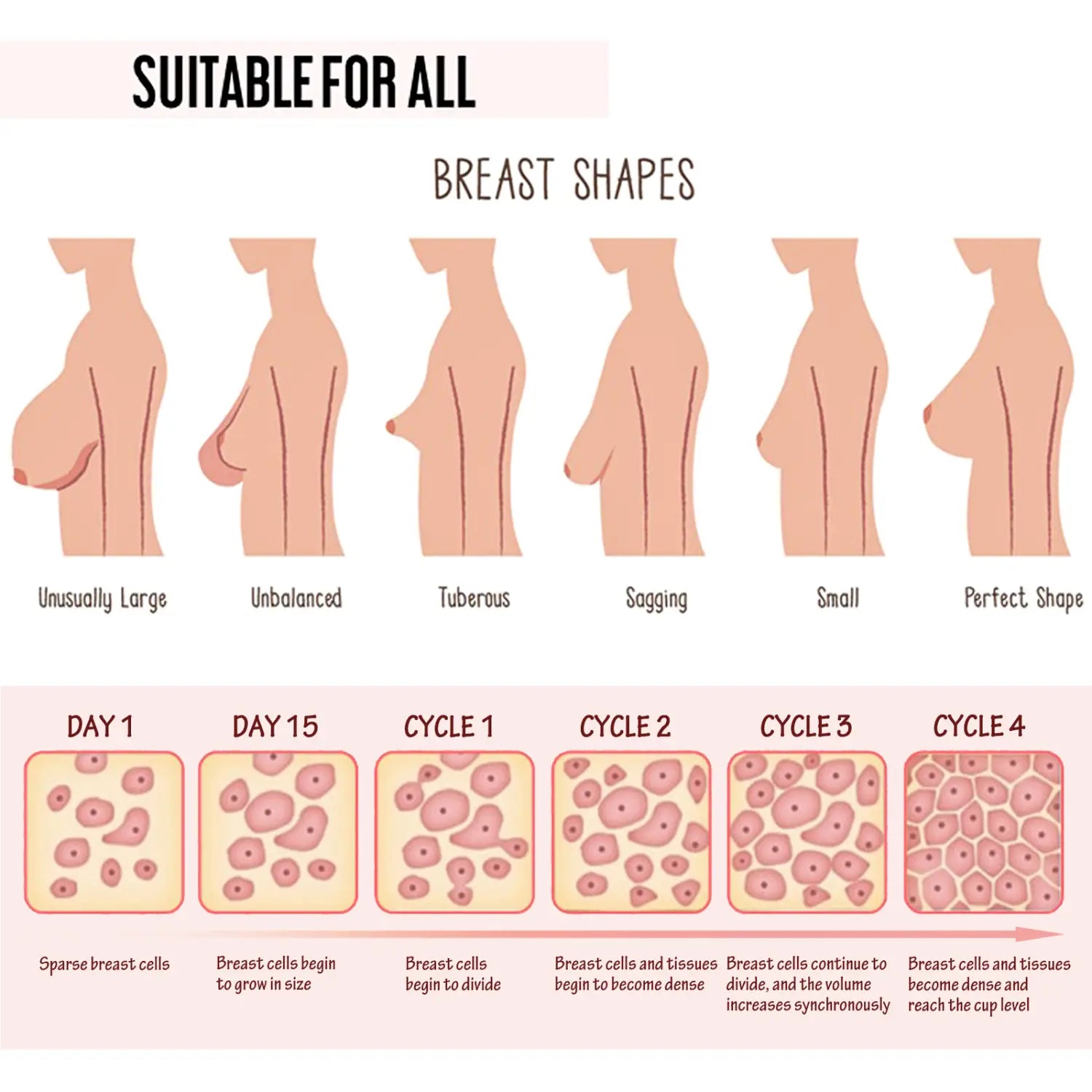 illustration of six female busts displaying different breast shapes labeled unusually large unbalanced tuberosus sagging small and perfect shape for beauty ball essential oils breast firming massage product.