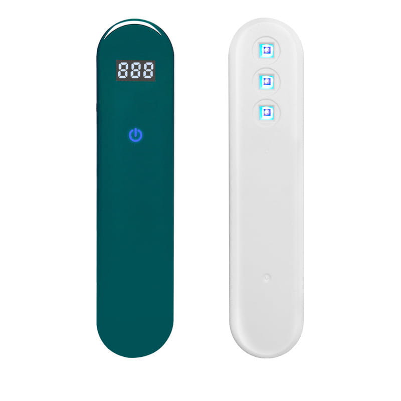 Two slim electronic uv disinfection sticks from royale essence lux, one deep teal with a digital display and power button, and the other white with three illuminated blue buttons.