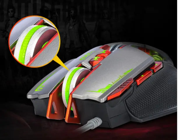 Thunder Wolf V9 gaming mouse in silver and black with red accents features a textured grip surface and illuminated green led lighting along the side for enhanced gaming performance.