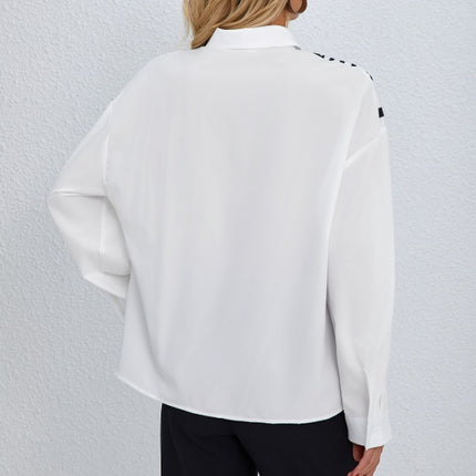 Ladies' Collar Print Button Chest Pocket Fashionable Shirt - Royalessencelux