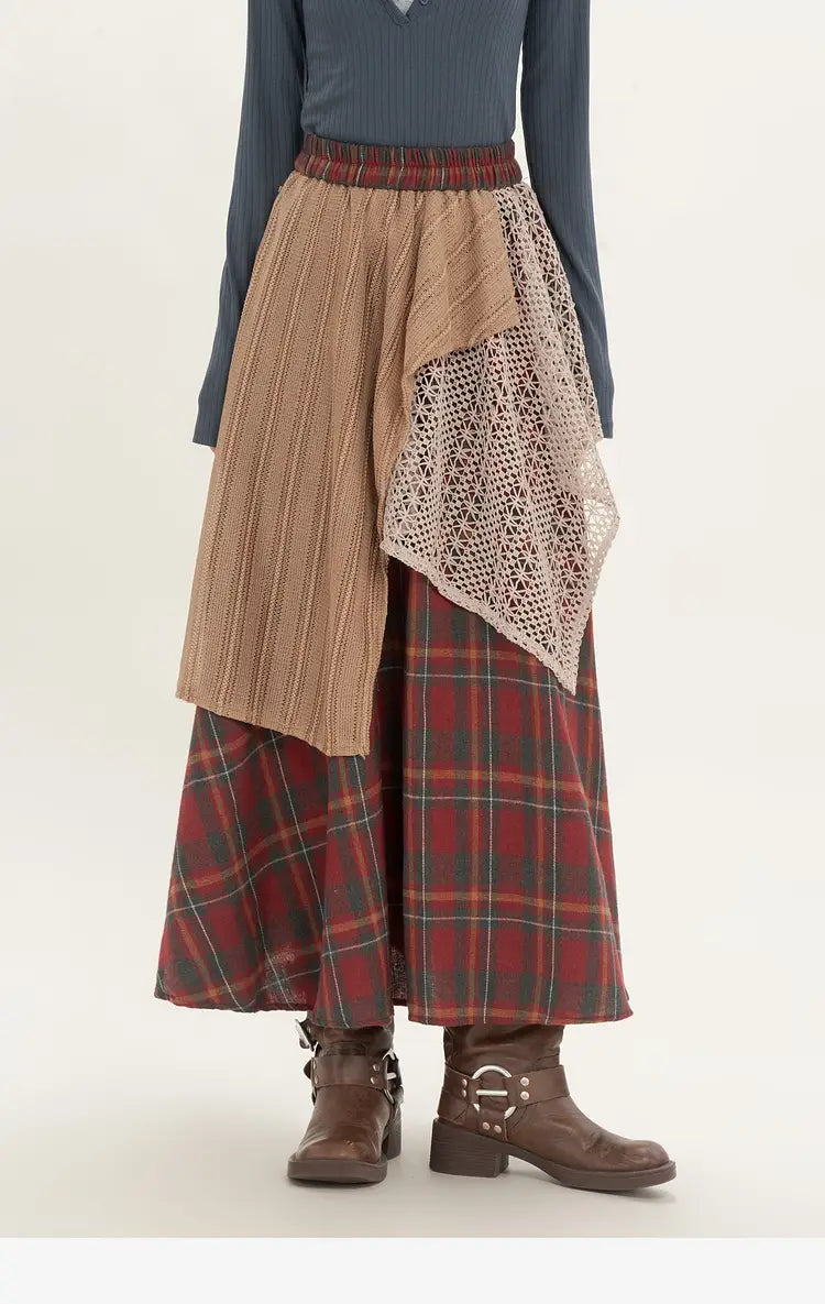 Asymmetric retro minority irregular plaid line skirt featuring a beige ribbed knit panel, red and green plaid section, and off-white crochet overlay.