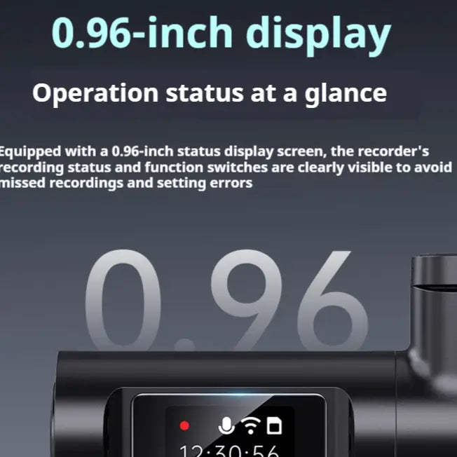 black 0.96-inch digital display screen on a 4k night vision driving recorder showing time and icons for recording wifi and storage for panoramic parking surveillance use