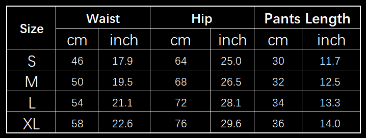 The table displays size measurements in centimeters and inches for high waist hip lifting shorts with pockets available in sizes s, m, l, and xl.