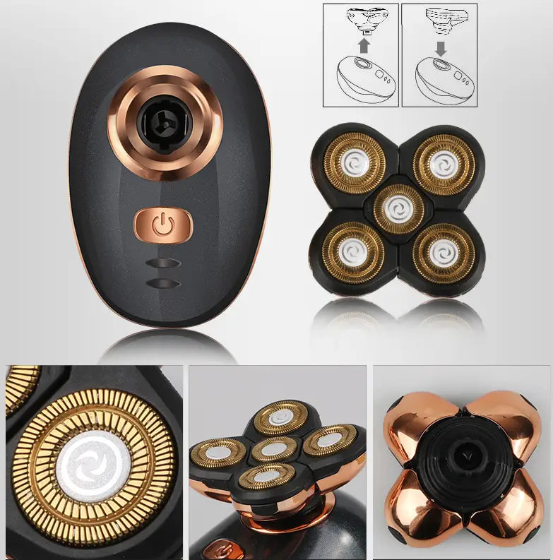 Multifunction 4d electric black and rose gold razor beard shaving machine with five rotary heads for precision beard shaving.