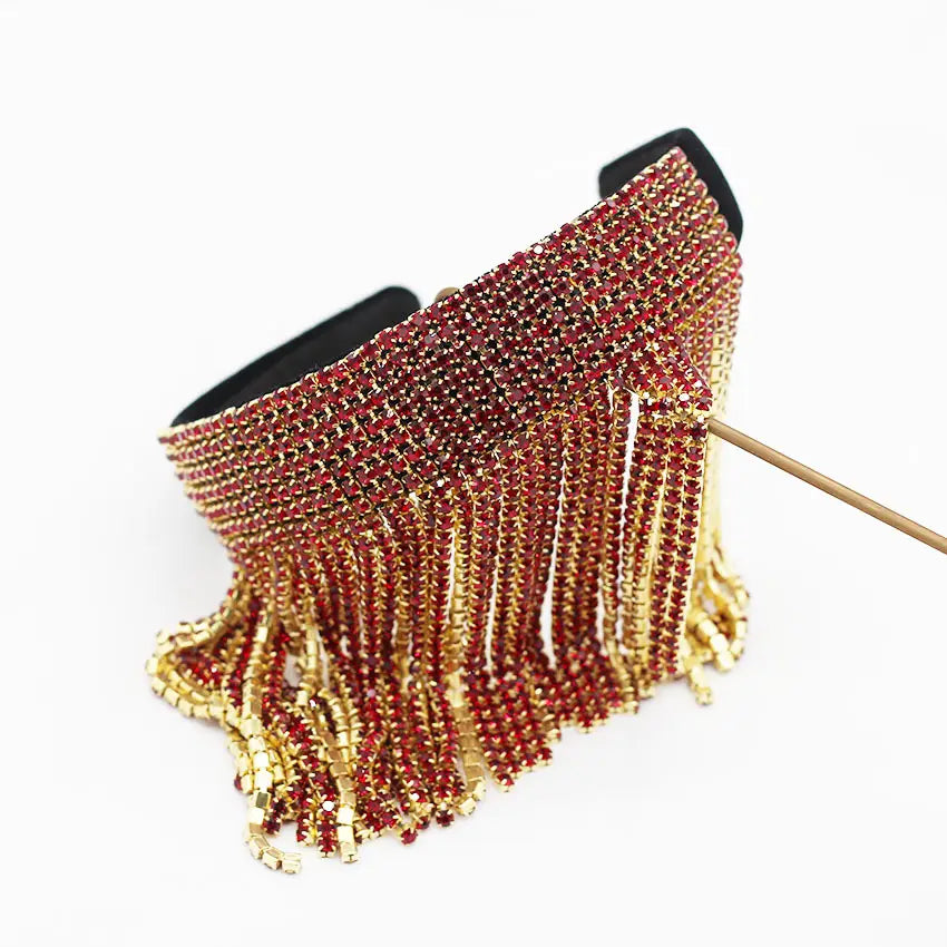 A dazzling red and gold beaded choker with cascading fringe featured in the tassel diamond pearl bridal headband set perfect as a pearl gift bridal accessory.