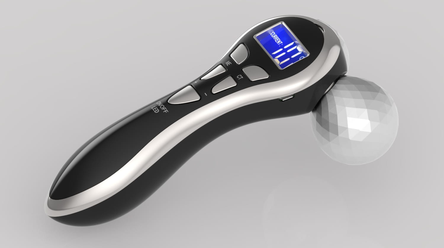 Black and silver handheld 3-head digital firming beauty massager with a spherical crystal roller head and digital display showing 10 seconds.