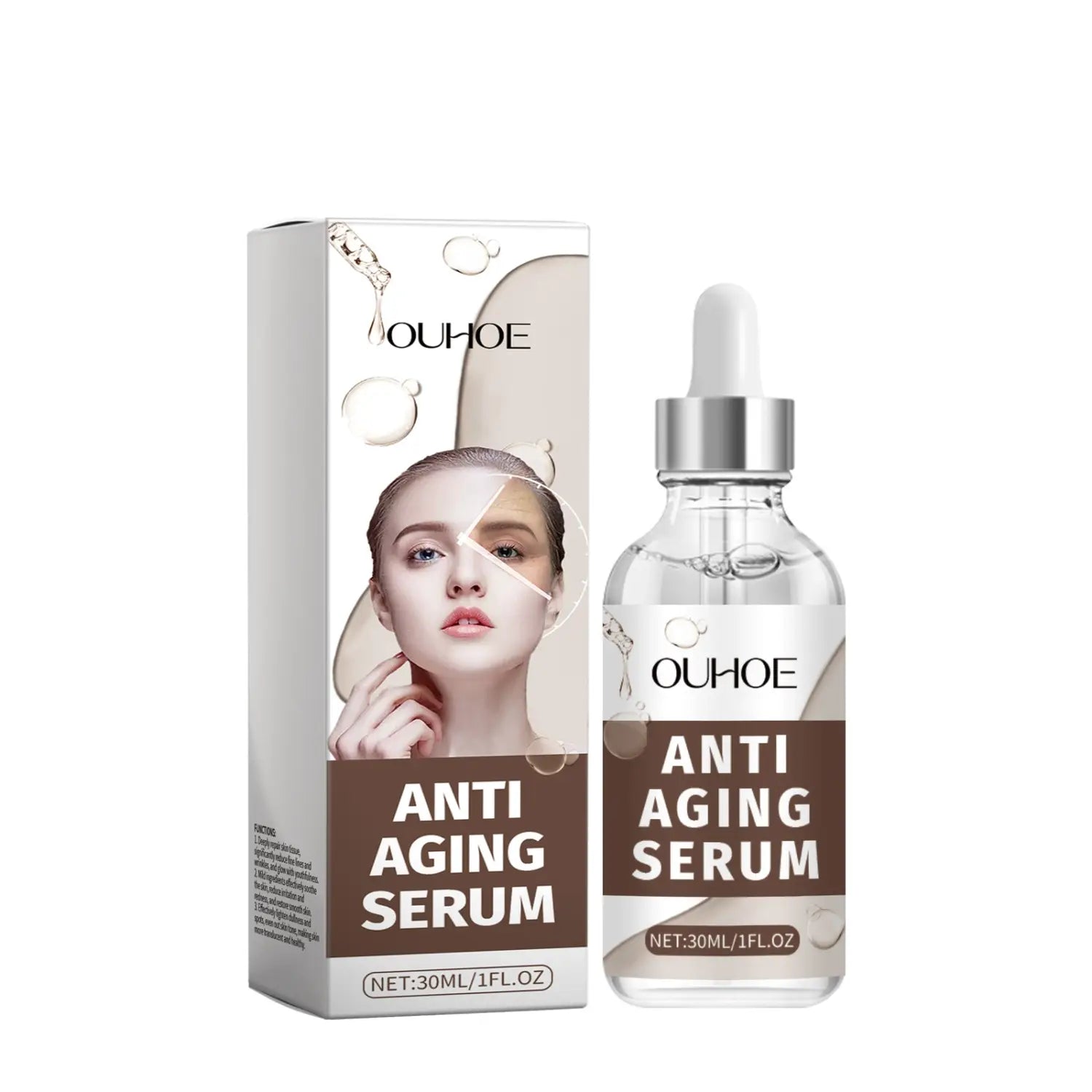 Clear glass bottle with silver dropper cap and white label containing ouhooe anti-aging repair fluid serum.