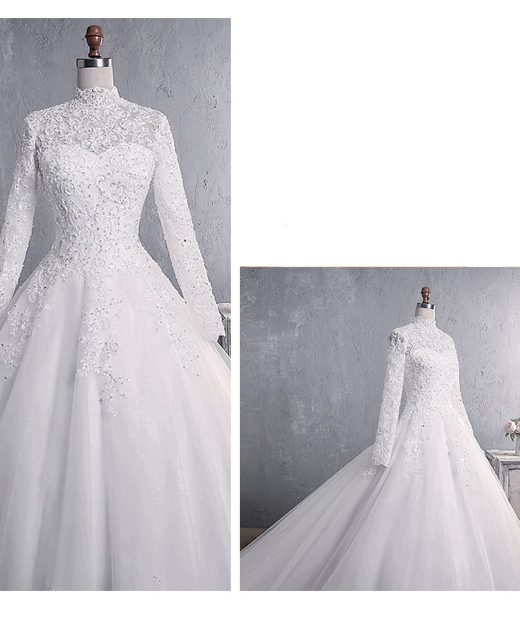 Long sleeve lace wedding dress bridal in white featuring intricate floral embroidery, a high neckline, and a flowing tulle skirt with a large tail large.