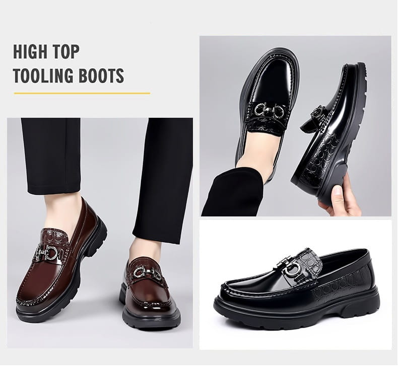 black patent horsebit platform retro casual shoes featuring black and brown high-top tooling boots with glossy leather uppers embossed with crocodile patterns and chunky rubber soles for platform retro casual wear