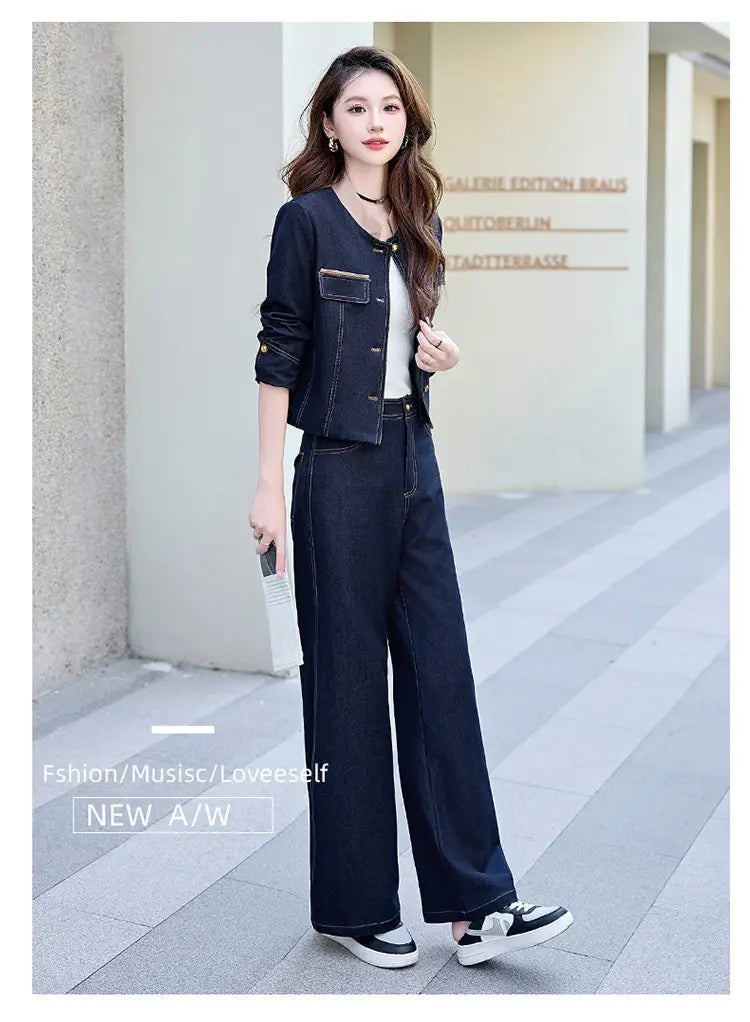 Dark blue denim casual denim jacket with button closures and flap pockets from the elegance retro casual denim jacket and pants set.