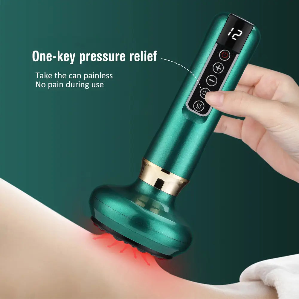 teal-colored electric vacuum cupping massager and gua sha device with gold accent band and digital display for therapeutic massage and skin care.