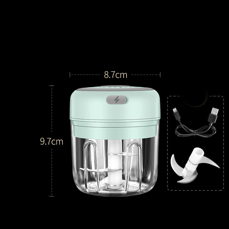 Wireless mini baby electric food chopper in compact mint green and clear plastic with white blade assembly designed for baby food supplement preparation.