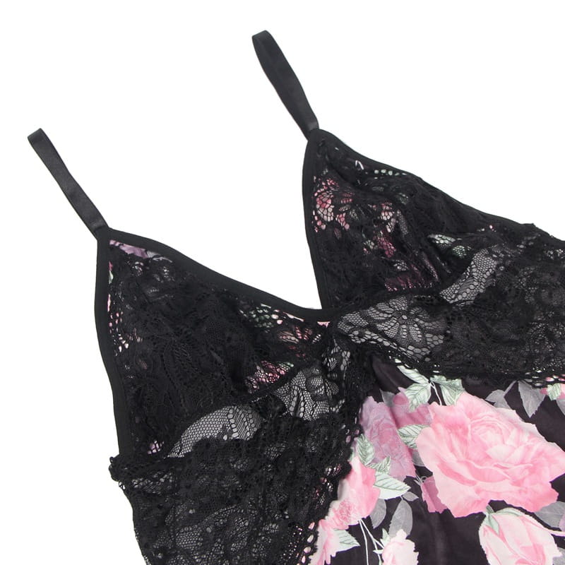 plus size embroidery patchwork lace sleeping dress in black lace camisole style with delicate floral embroidery and pink rose print