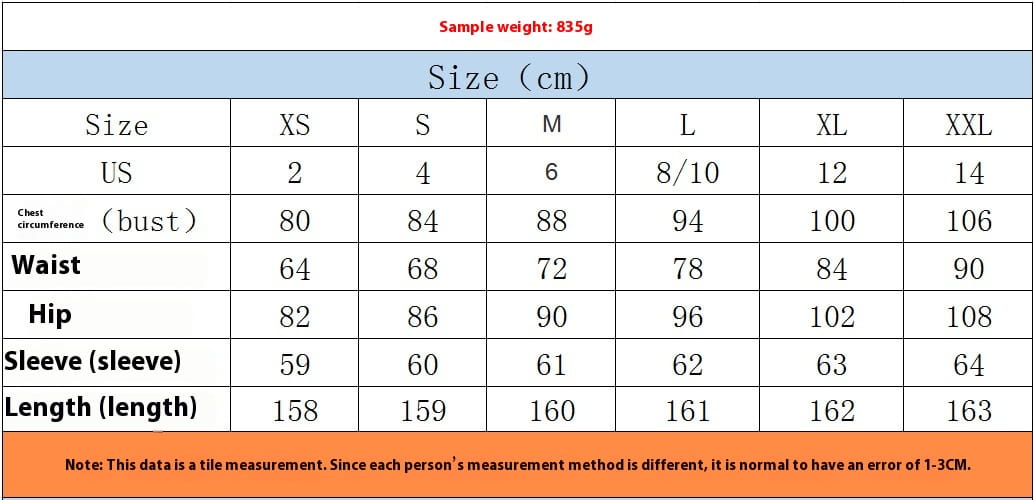 A size chart in centimeters for the embroidered floral long sleeve evening gown displaying measurements from XS to XXL for the gown long sleeve.