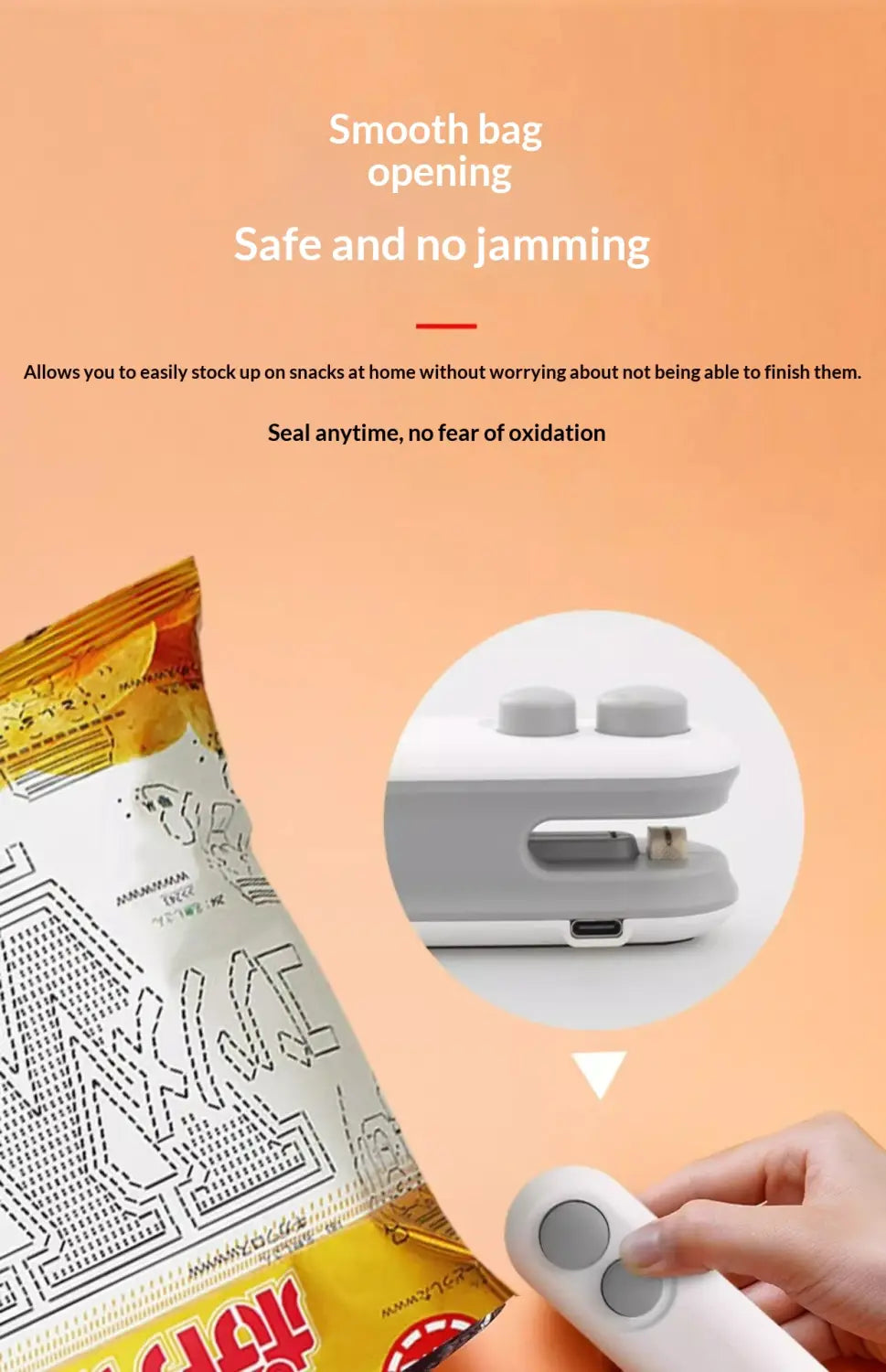 White plastic portable usb heat sealer with two circular buttons and usb-c port designed as a snack bag sealer and magnetic storage clip.