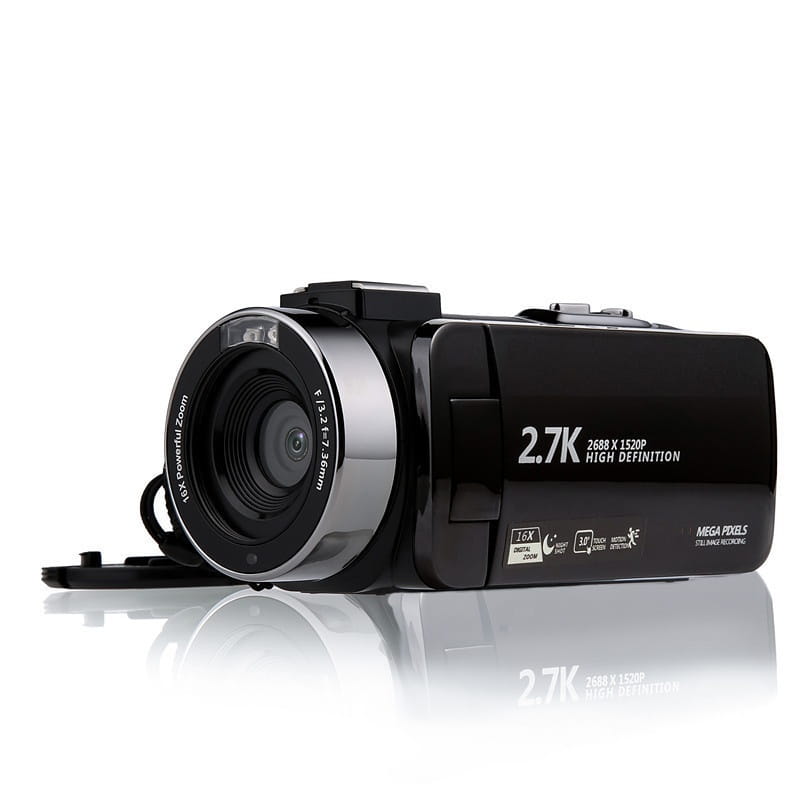 Standard black english 2.7k hd digital camcorder dv06s in black with silver lens ring and 2.7k resolution branding on its body.