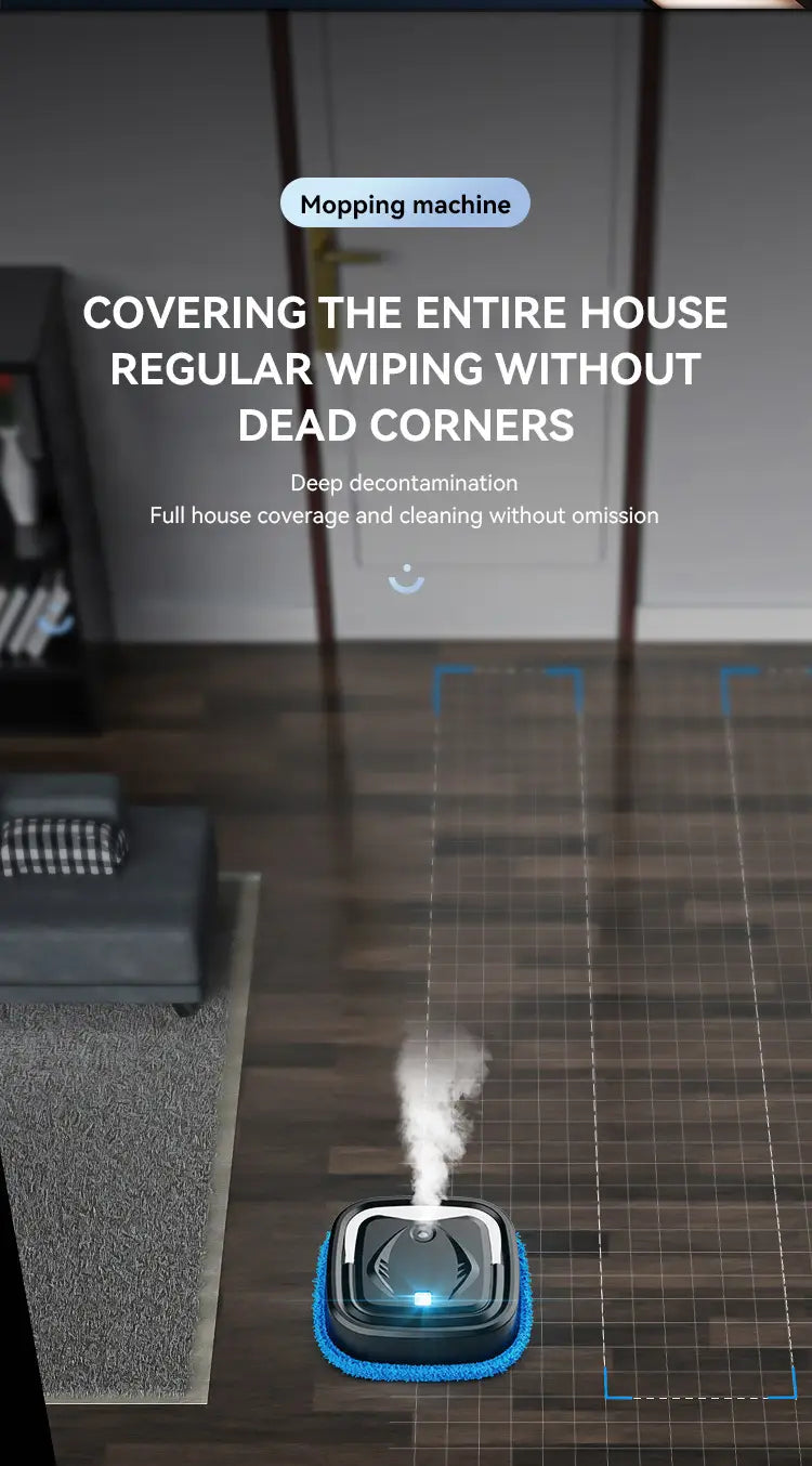 a sleek square-shaped smart home wet and dry humidifier mopping machine with a glowing blue light and visible steam emission from its center