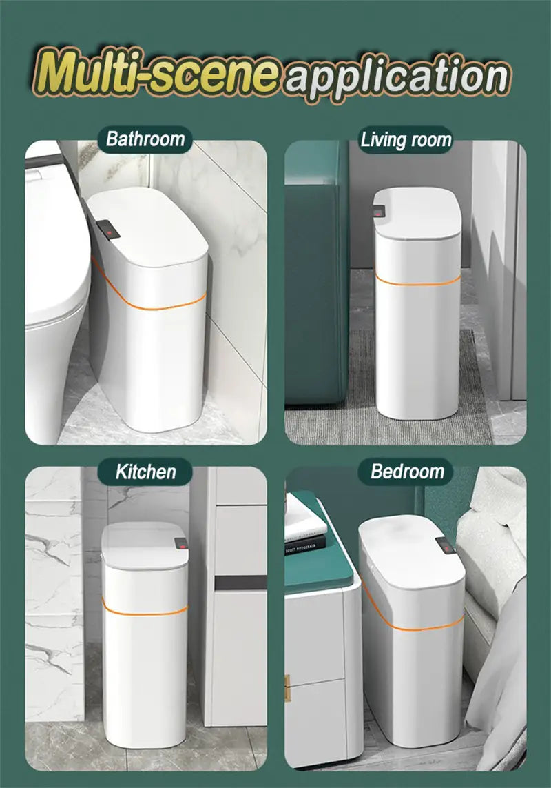 White cylindrical smart trash can with a sleek minimalist design and orange accent stripe, ideal for living room and living room kitchen use.