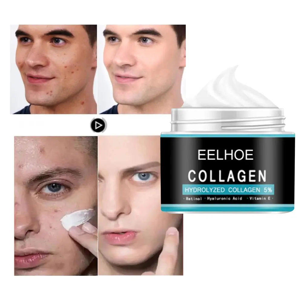 Black and teal labeled jar of eelhoe men’s moisturizing nourishing skin collagen cream with 5% hydrolyzed collagen retinol hyaluronic acid and vitamin E.