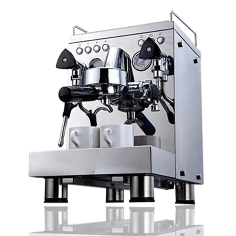 stainless steel semi-automatic espresso machine with black accents and polished chrome finish for professional coffee brewing