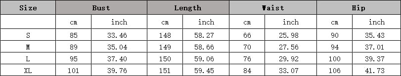 The size chart for the lime green slim long sleeve sequined mermaid gown displays measurements in centimeters and inches for sizes s, m, l, and xl.