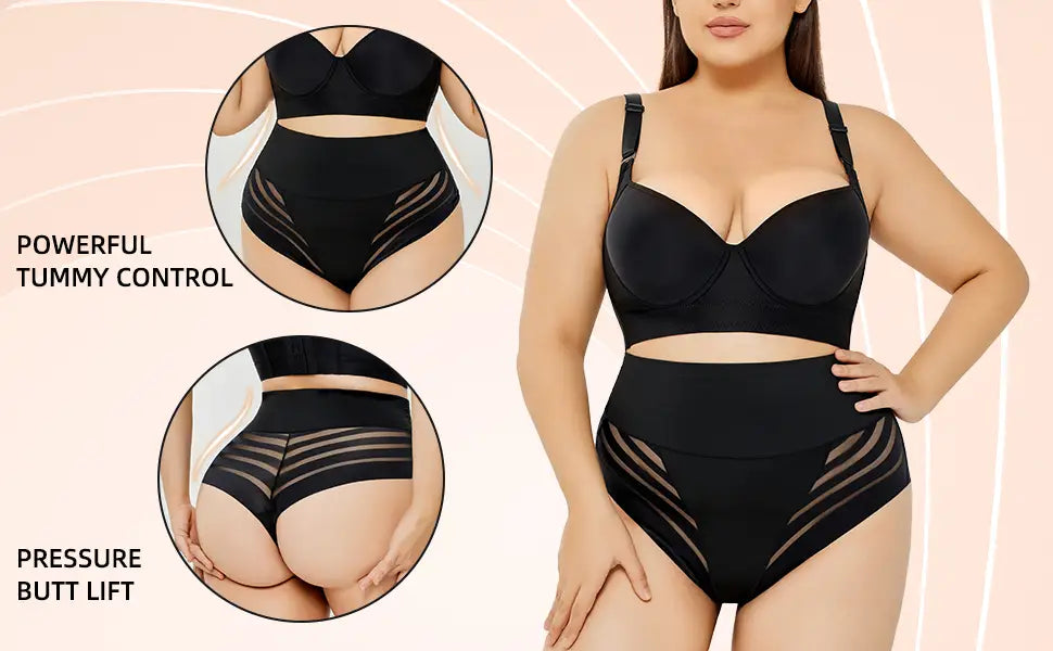 plus size shaping mesh bikini set in black featuring high-waisted size shaping underwear with sheer mesh panels for tummy control and butt lift