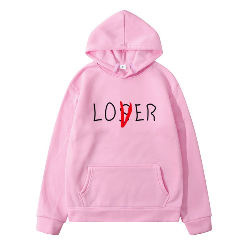 Pink hoodie from navy blue lover winter clothes featuring the main fabric with loser printed in black lettering across the chest and a red slash through the o for women lovers.