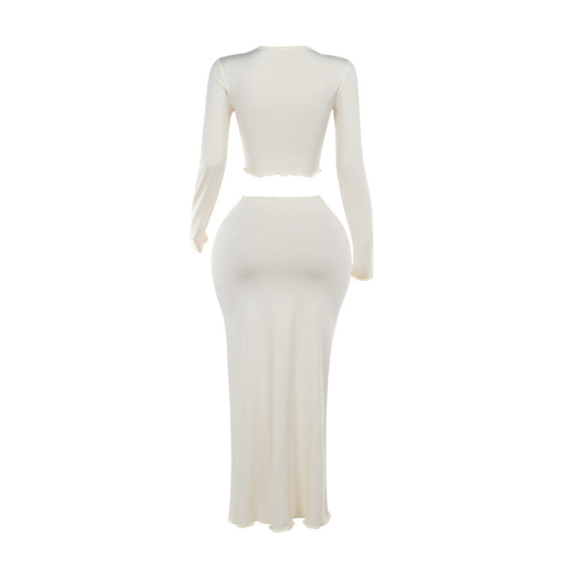 cream-colored elegant slim print two-piece outfit featuring a long-sleeved cropped top with a print round neck and a high-waisted skirt