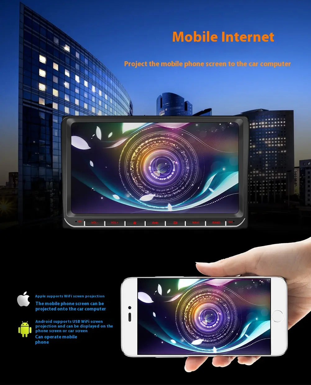 black-framed mobile phone screen projection device designed to display content onto a 9 inch android car bluetooth gps navigation integrated system for efficient bluetooth gps navigation and gps navigation integrated use in vehicles.