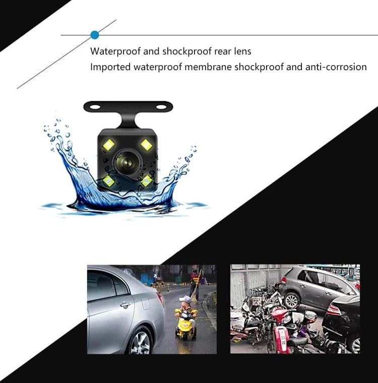 black rectangular rear dash cam with four yellow led lights and central lens designed for waterproof and shockproof durability in 1080p dual lens video recorder