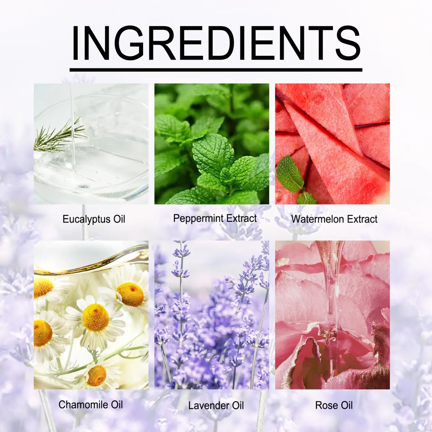 The back side of lavender aromatherapy shower tablets displays six natural essential oil ingredients including eucalyptus oil, peppermint extract, watermelon extract, chamomile oil, lavender oil, and rose oil for body cleansing and moisturizing skincare.