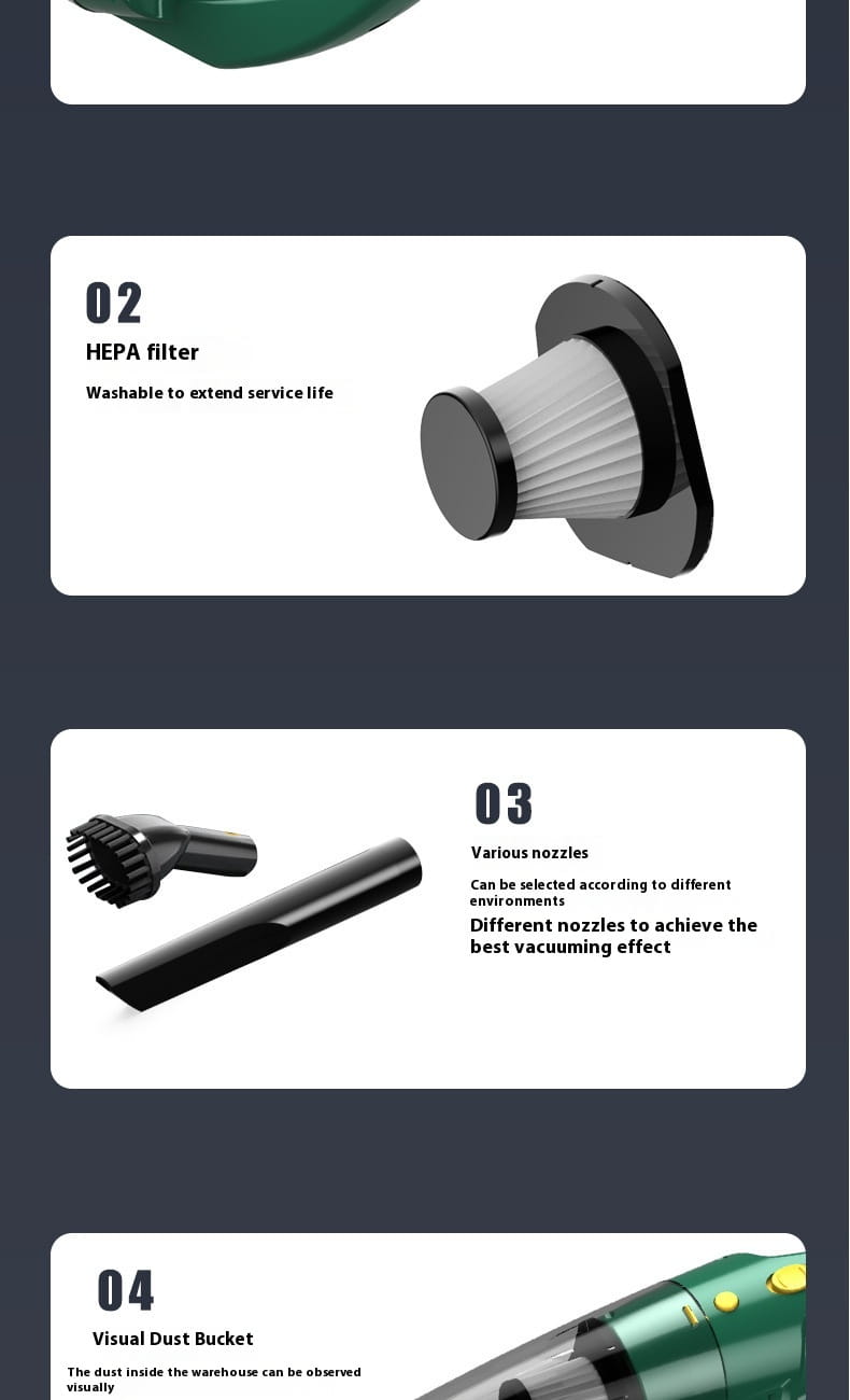 green small wireless car vacuum cleaner with hose featuring a transparent dust bucket black and white hepa filter and multiple nozzles for various environments ideal for household small wireless and wireless car vacuum use
