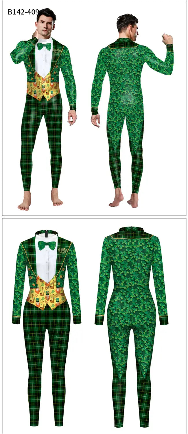 st patricks day green bow digital print jumpsuit is a green plaid one-piece suit with shamrock pattern featuring a tuxedo-style vest and bow tie.