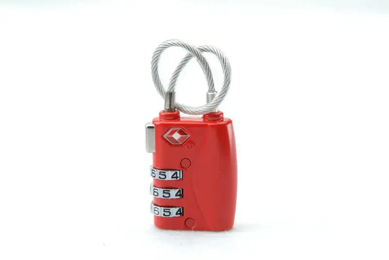 Tsa approved suitcase travel cable lock in red plastic with silver cable and three rotating dials displaying the combination 654.