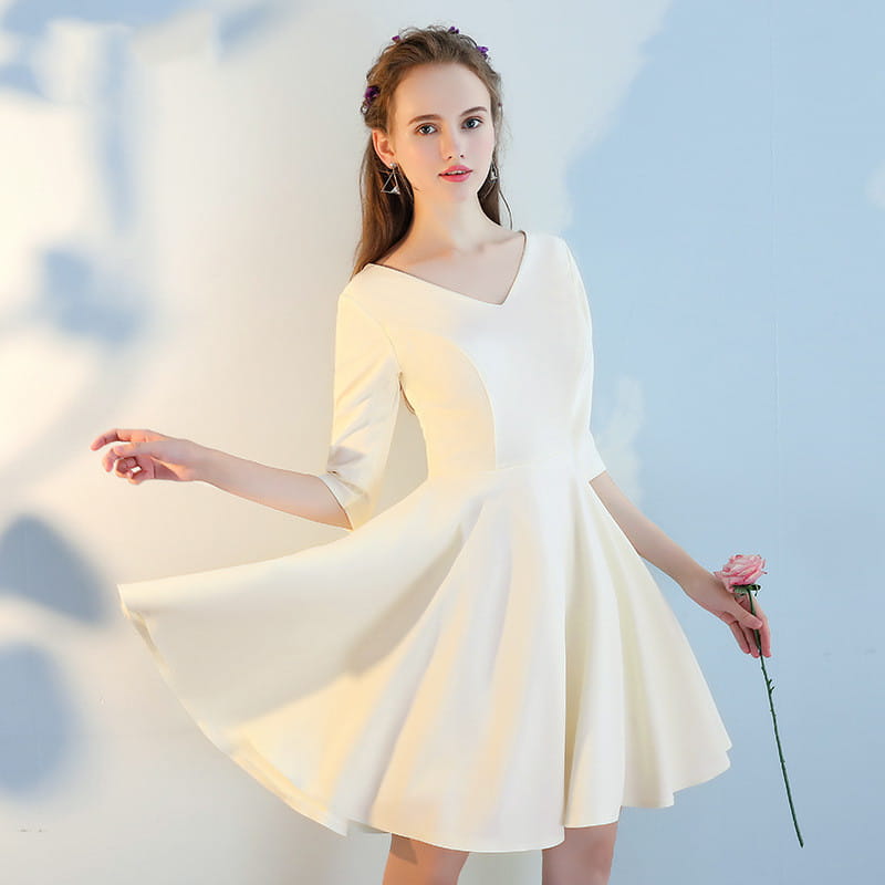 a flowing off-white midi dress with a v-neckline and three-quarter sleeves made from main fabric composition associated with pink short sisters collection