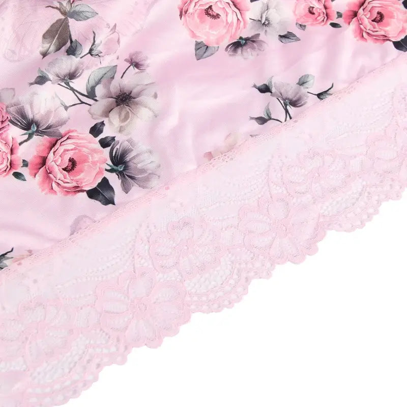 plus size embroidery patchwork lace sleeping dress featuring pink floral fabric with delicate lace trim