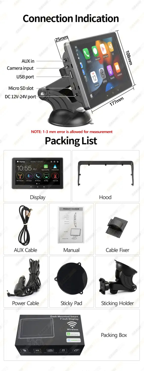black 7 inch wireless carplay display car stereo with touchscreen and multiple connectivity ports compatible with cigarette lighter power supply