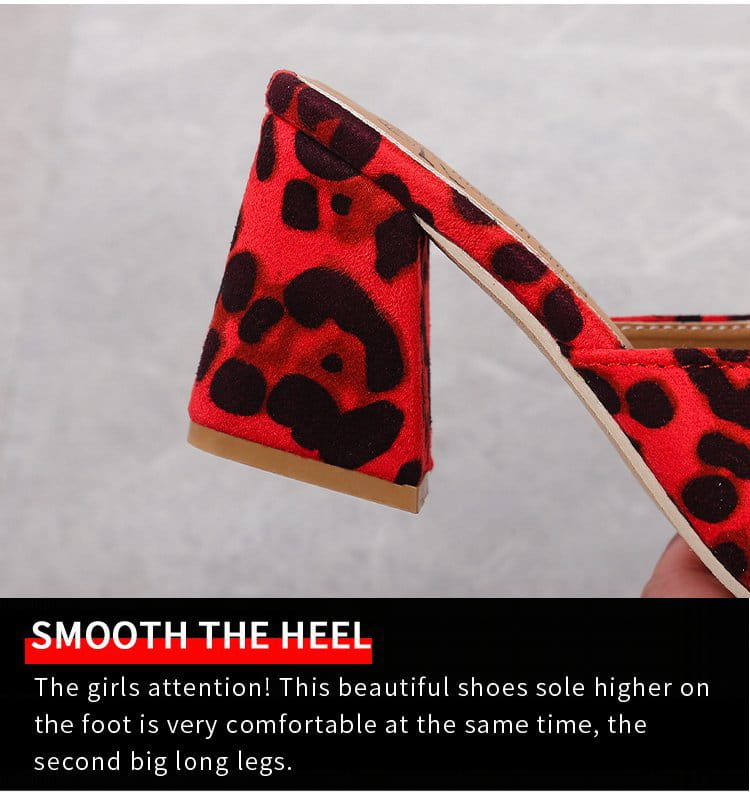 red and black leopard-print suede mule heel shoe with a square toe and block sole designed as toe sandals summer wear